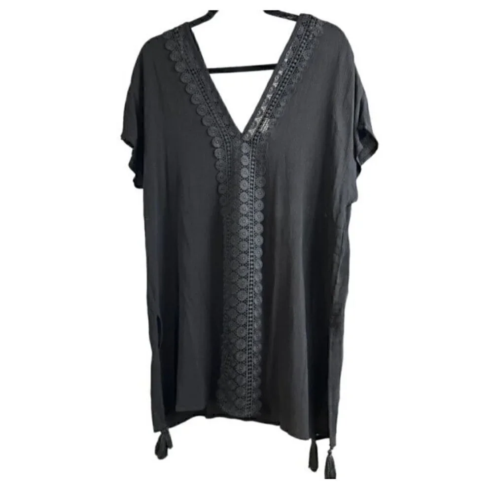 Kona Sol Boho Swimsuit Cover Up Black w/ Crochet Lace, Tassels Medium - Picture 2 of 8